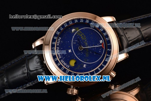 Patek Philippe Grand Complication Sky Moon Celestial Compass Miyota 9015 Automatic Rose Gold Case with Blue Dial and Blue Genuine Leather Strap (GF) - Click Image to Close